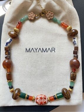 NEW Mayamar Amber & Green Mixed Bead Necklace Mediterranean Boho Coastal y2k